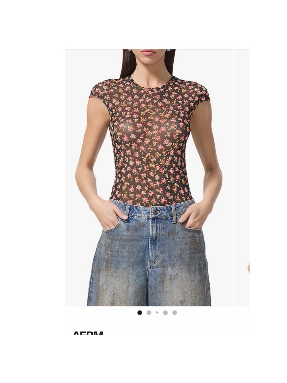 AFRM Nina Cap Sleeve Mesh Top — Black with Pink Flowers Size L